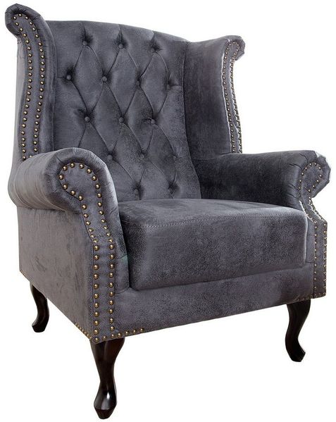 riess-ambiente Ohrensessel CHESTERFIELD 85cm antik grau (Einzelartikel, 1-St), Wohnzimmer · Microfaser · Holz · Relax · Schlafzimmer