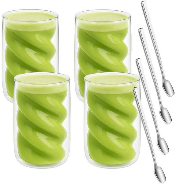 mixed24 Gläser-Set 4er Set Doppelwandige Gläser 230ml Spiralform, Thermogläser inkl. Löffel ideal für Latte Macchiato, Matcha, Tee