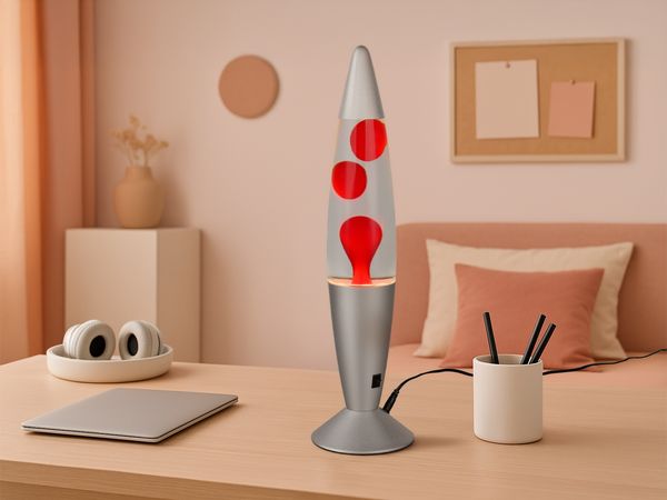 LED Raketen Lavalampe VESUV im 90er Jahre Design, Silber Rot, Höhe 41,5cm
