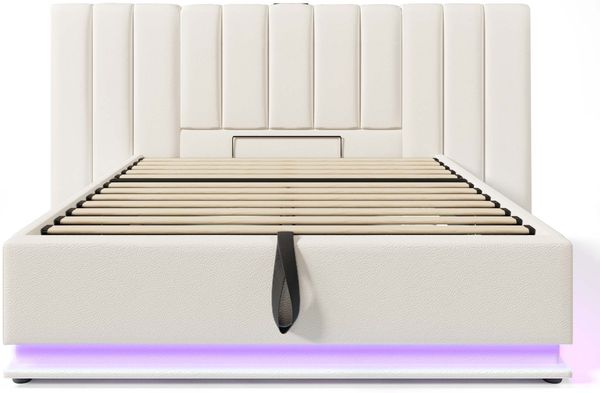 Polsterbett 160×200 cm mit Bettkasten, LED und USB-C, PU-Leder Weiß, ohne Matratze Bild 10