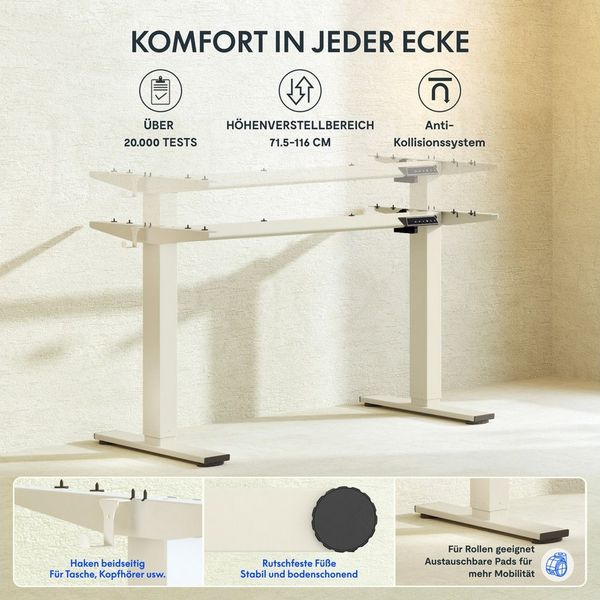 FLEXISPOT Schreibtisch Elektrisch höhenverstellbares Tischgestell, Schwarz/Weiß/Grau/Mousse (1-St, 4 Höhen-Speicherplätze, Anti-Kollisionssystem), Einfache Bedienung, Mit Haken, Max. Load: 80KG