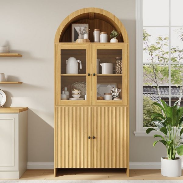 STILVORA Vitrine mit Bogendecke Geschlossener Aufbewahrungsschrank mit Glastüren (Wohnzimmerschrank Hochschrank mit Wellenmuster, mit offene, gewölbte Oberseite) für Esszimmer und Wohnzimmer