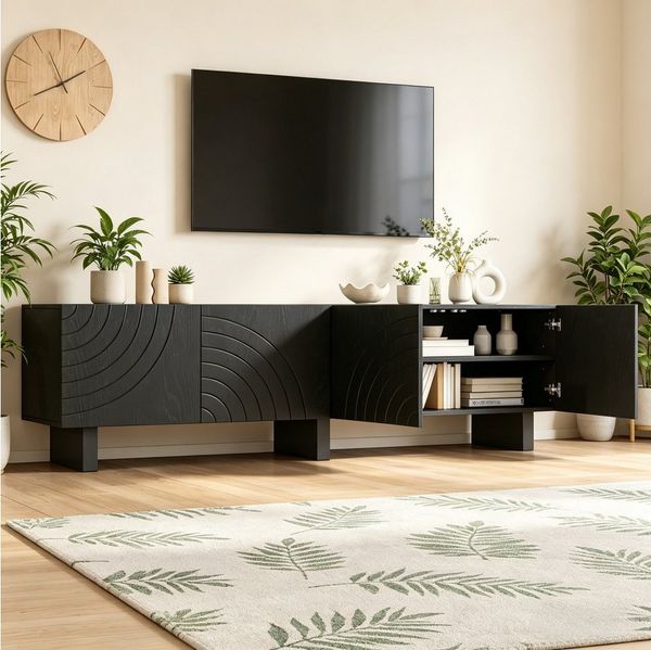 Merax Lowboard mit strukturierter Front (1 St), Fernsehschrank TV-Schrank mit 4 Türen und Stauraum, 180 x 40 x 55 cm