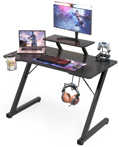 JEOBEST Computertisch Laptoptisch mit Monitorablage, Gamer Tisch mit Getränkehalter, Veranstalter und Kopfhörerhaken