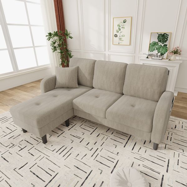 Merax 166 cm L-förmiges Ecksofa mit Chaiselongue – 3-Sitzer Sofa, Cordstoff, Kunststoffbeine, Hellgrau