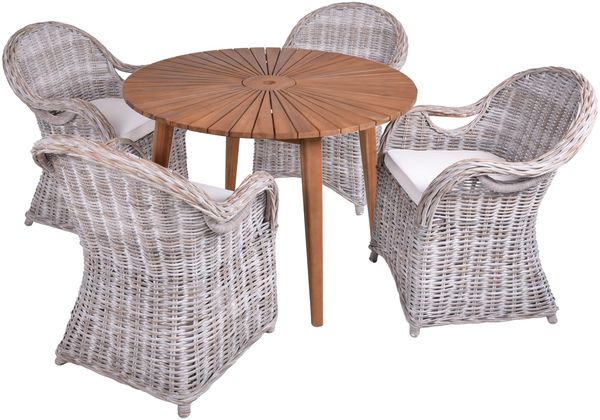 Garten-Sitzgruppe ELODIE 5-tlg. Rattan - Akazie, Grau | Gartenmöbel-Set Gartengarnitur Garten-Essgruppe mit Stühlen und Esstisch