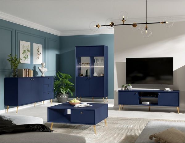 Lomadox Wohnzimmer-Set RIPLEY-166, (Mega-Spar-Set, 4-St, Couchtisch Lowboard Sideboard Vitrinenschrank), Wohnwand modern dunkelblau mit Beleuchtung