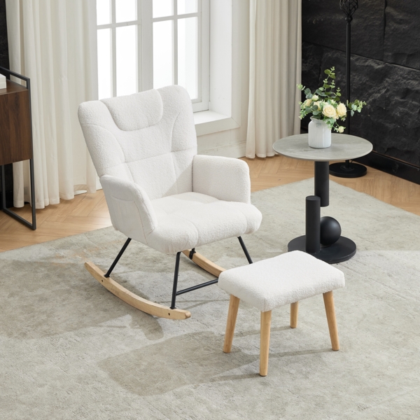 Merax Schaukelstuhl Ergonomisch inklusive Fußhocker, stabiler Gummiholzrahmen, der um 30 Grad schaukeln kann, Stuhl mit Hoher Rückenlehne & Fußstütze, Relaxsessel, weiß