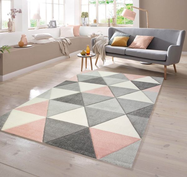 TeppichHome24 Teppich Teppich mit Dreieck Muster in Rosa Grau Creme, rechteckig