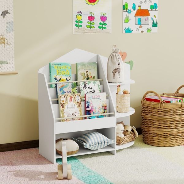 Kinder Bücherregal aus Holz, frontale Anzeige, fördert Lesefreude, abgerundete Kanten, bis 40kg, platzsparend, 4cm erhöht