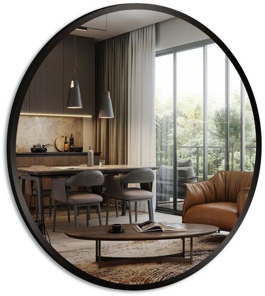 Boromal Rahmenspiegel-rund Wandspiegel Rund 80 cm druchmesser Groß Schwarz Metall Flurspiegel (Rundspiegel, 80x80cm), für Badezimmer Waschtisch Wohnzimmer Schlafzimmer Esszimmer Eingänge