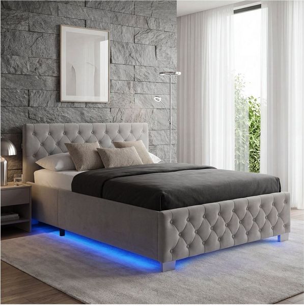tectake Polsterbett Komfortbett mit LED-Leisten & Stauraum - Samtoptik mit Steppmuster (Bettset, in Dunkelgrau), stabiler Stahlrahmen, Belastbarkeit 200 kg