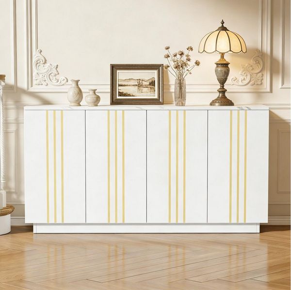 Merax Sideboard mit Vergoldeten Linien, 35 x 140 x 70 cm (1 St), Aufbewahrungsschrank Kommode mit 4 Türen & verstellbaren Einlegeböden