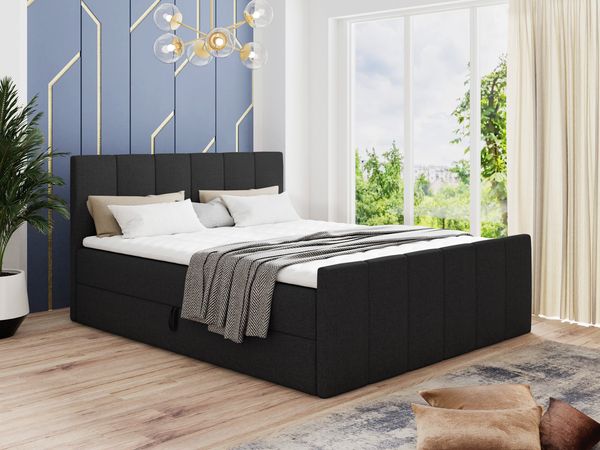 Boxspringbett Star Lux mit Fußteil, 2 Bettkästen und Matratzentopper - Doppelbett mit Topper, Bonell-Matratze, Polsterbett, Bett (Schwarz (Inari 100), 180 x 200 cm)