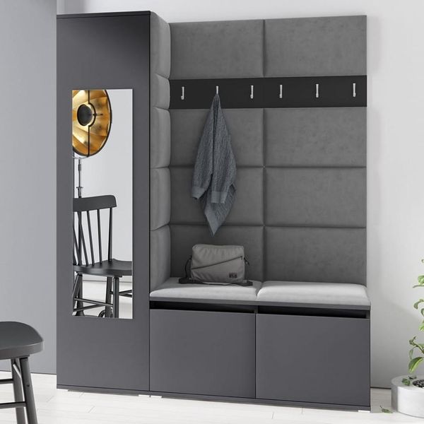 Garderoben-Set LINDA – Kleiderschrank mit Polsterplatten, Schuhschrank und Schrankaufsatz, für Flur und Eingangsbereich (Graphite, Trinity 15), 185 x 40 x 145 cm