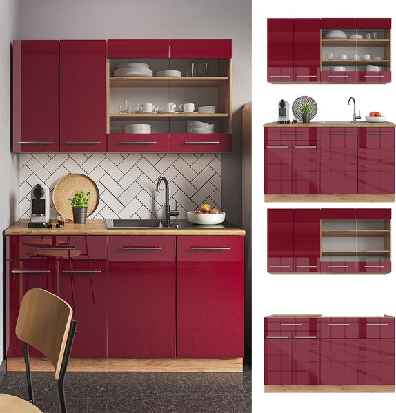 Singleküche Fame-Line Bordeaux Hochglanz/Goldkraft Eiche 140 cm ohne Arbeitsplatte Vicco Bild 2