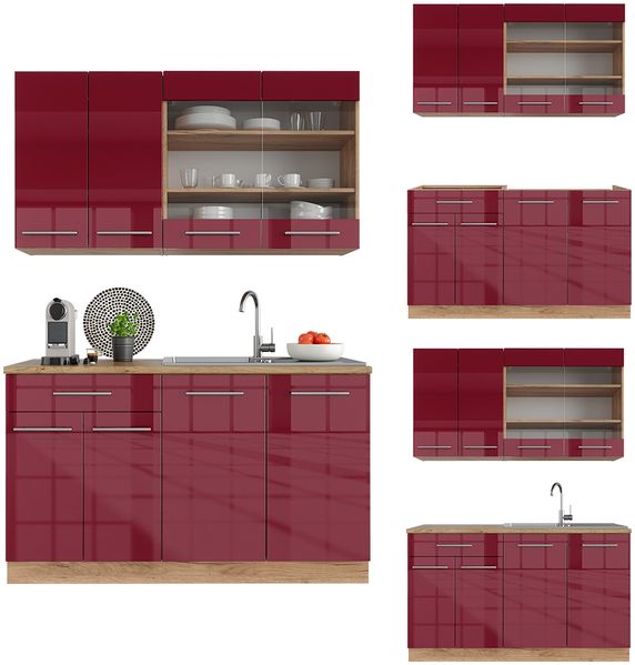 Singleküche Fame-Line Bordeaux Hochglanz/Goldkraft Eiche 140 cm ohne Arbeitsplatte Vicco Bild 6