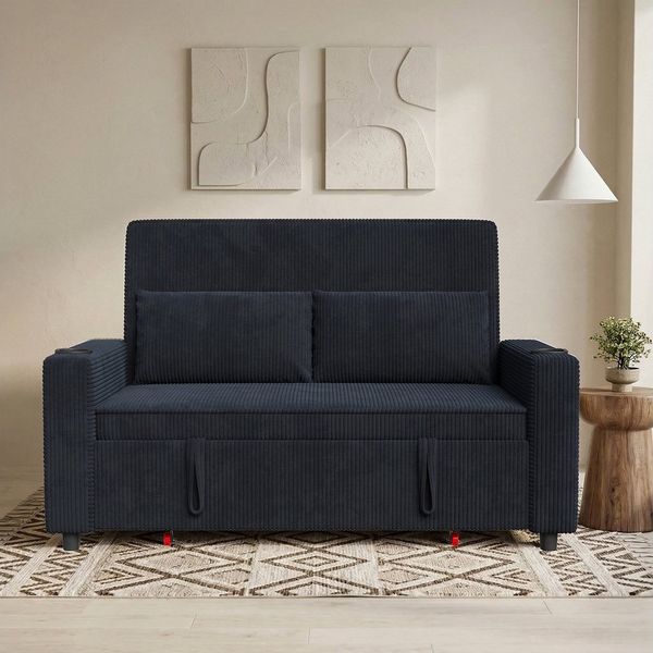 GUNJI Sofa 2-Sitzer Schlafsofa aus Cord, ausziehbar, Gästebett, mit Schlaffunktion, 3-in-1 Design, verstellbarer Rückenlehne, Getränkehalter, stabilem Rahmen und platzsparender Bauweise