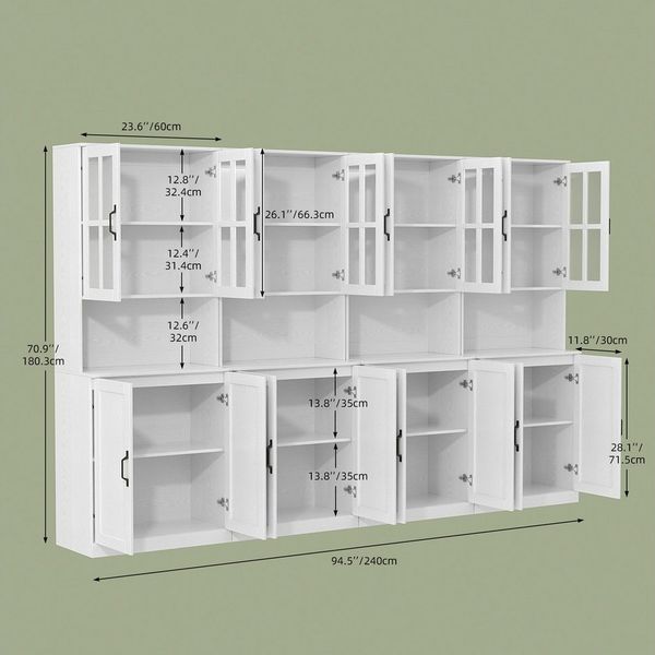 VOWNER Bücherregal mit Glastüren, offenem Fach & Arbeitsplatte – 5 Ebenen Hochschrank, 4-tlg, Vitrinenschrank Buffetschrank Standregal für Wohnzimmer & Büro