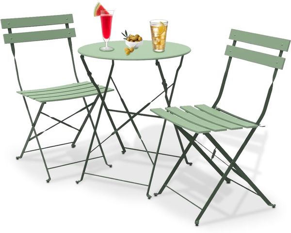 Shally Dogan 3-teiliges Gartenmöbel-Set, zusammenklappbar, Modell Paris, Tisch mit 2 Stühlen aus Stahl, platzsparend, für Bistro, Balkon, Terrasse, Außenbereich, Bar, zweifarbig, Dunkelgrün und Salbei
