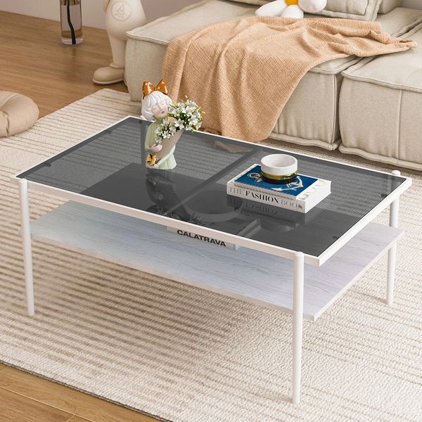 Couchtisch H 45 x T 61,5 x B 97,5 cm, Glasplatte aus gehärtetem Glas, MDF mit Stauraum, grau-weiß