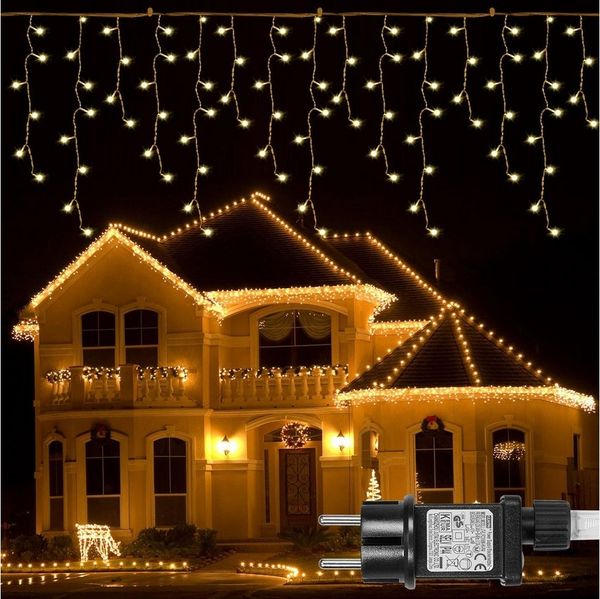 Rosnek Lichtervorhang 31V, 5-15M, 8 Modi, Timer, für Weihnachten Dach Fenster, 200-flammig, Eiszapfen, Speicherfunktion, für Hochzeit Haus Dekorationen