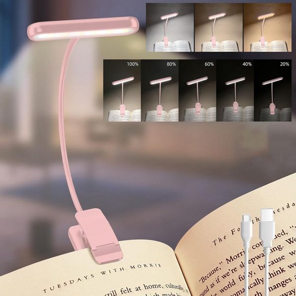 Jibenhome Klemmleuchten Leselampe Buch Klemme USB Wiederaufladbare Buchlampe, Rosa, LED fest integriert, 3 Farben & 10 Helligkeitsstufen,Flexibler Schwanenhals