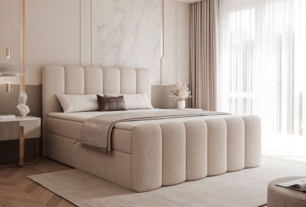 Goldstoff Boxspringbett Elegantes Bett "ETERNA" mit Stauraum & hohem Schlafkomfort (120–200x200 cm, Seitenhöhe: 54 cm), Modernes Polsterbett mit Stauraum & komfortabler Liegehöhe