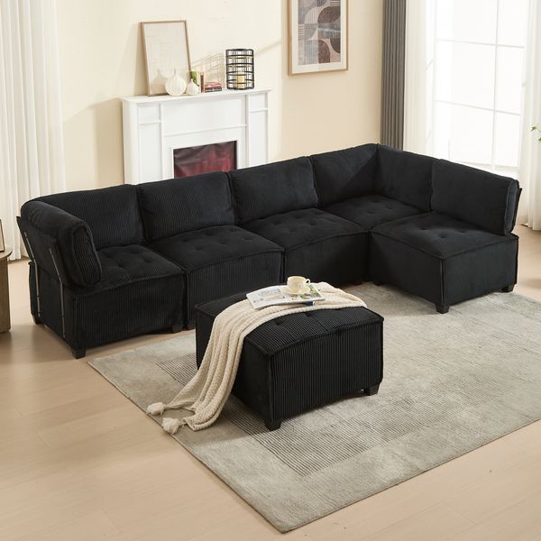 Modulares 6-Sitzer Sofa, ca. 308x154x82 cm, Schwarz Cord, mit Seitentaschen
