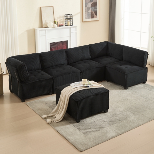 Modulares 6-Sitzer Sofa, ca. 308 x 154 x 82 cm, Schwarz Cord, mit Seitentaschen