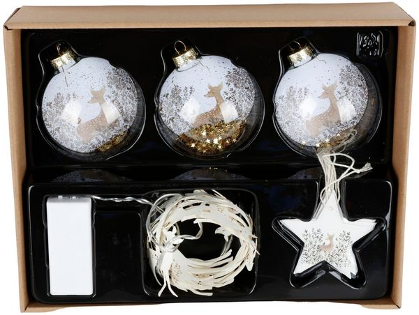 Deko-Geschenkset Baumschmuck Rentier 10tlg Glaskugeln, Lichterkette und Anhänger