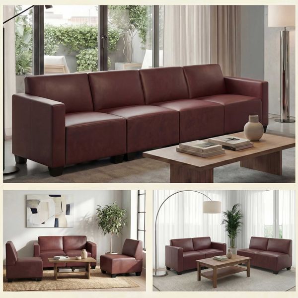 Modular 4-Sitzer Sofa Couch Lyon, Kunstleder ~ rot-braun