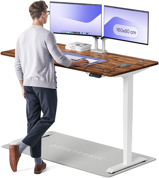 Desktronic HomePro Elektrisch höhenverstellbarer Schreibtisch 160x80cm Massive Walnuss/Weiß mit Memory-Funktion, Anti-Kollisions Technologie, USB-A und USB-C-Ladeanschlüssen