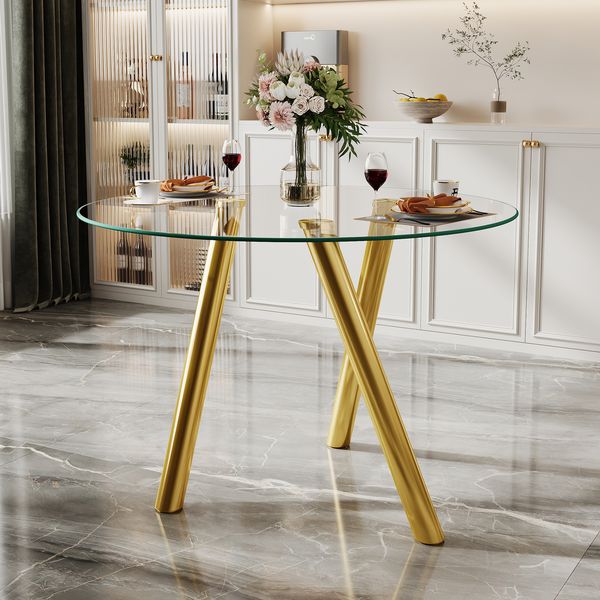 Esstisch 75*80*80 cm rund aus gehärtetem Glas mit goldfarbenem Metallgestell