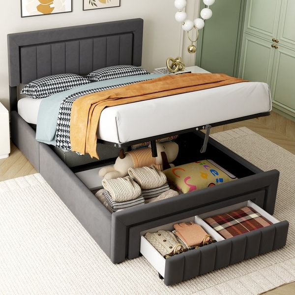 HAUSS SPOLE Polsterbett 140×200 mit LED,Boxspringbett Jugendbett mit Bettkasten und Matratze (Stauraumbett aus Samt mit gepolstertes Kopfteil für Schlafzimmer), Funktionbett mit Lattenrostkonstruktion,mit Matratze