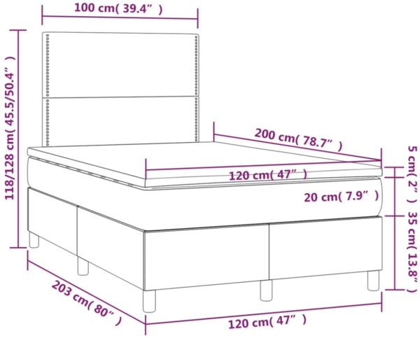 vidaXL Boxspringbett mit Matratze & LED Blau 120x200 cm Stoff, Härtegrad: H2 [3135347] Bild 2