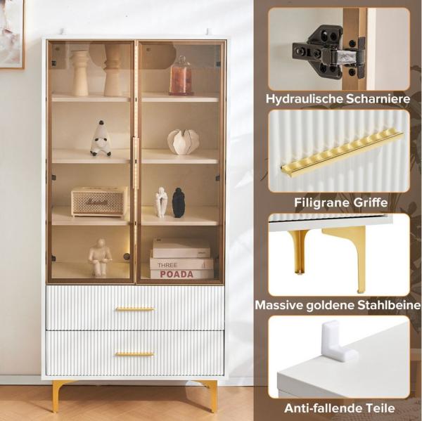 Merax Glasvitrine mit Glastüren und Schubladen inkl. LED Hochschrank mit verstellbaren Einlegeböden,Bücherschrank,Standvitrine Bild 2