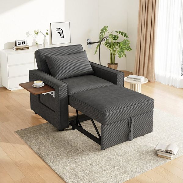 i@home Relaxsessel 1-Sitzer Sofa, faltbares Schlafsofa (platzsparend für Wohnzimmer und Schlafzimmer), mit USB-Ladeanschluss und Handyhalter, Grau/Beige