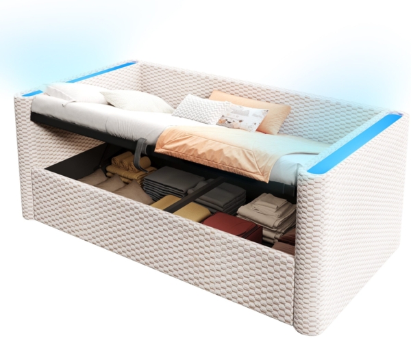 Schlafsofa mit Bettfunktion, Stauraum und LED-Beleuchtung 90x200 cm, Polsterbett, Jugendbett, Einzelbett, Samt
