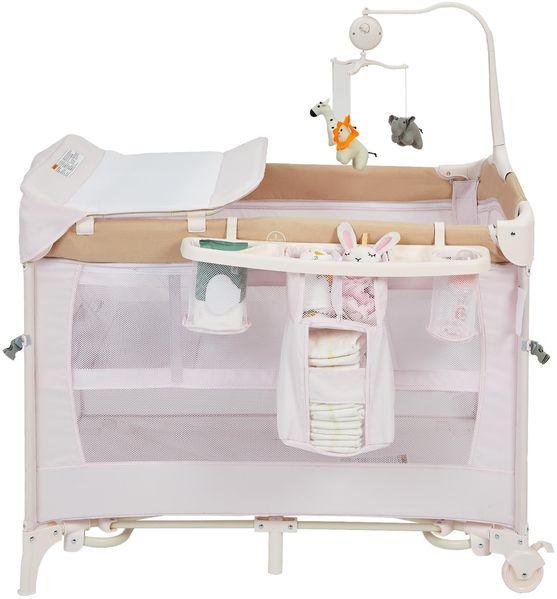 5-in-1 Babybett, Reisebett faltbar mit Rollen, Beistellbett Baby mit Matratze & Wickeltisch, Spieluhr & Hängespielzeug, 2 Ebenen Kinderbett, Stubenwagen mit Reisetasche, für Baby bis 15 kg