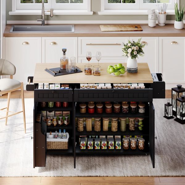 Sideboard 137 x 89,5 x 45 cm mit klappbarer Arbeitsplatte, 2 Schubladen, Rollen, Natur/Schwarz