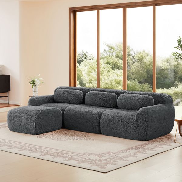 Boneless Cloud Sofa Plüsch, modulare U/L-Form, 32D Schaumstoff, körperumarmend, mit Kissen und Ottoman, kein Aufbau,72h Entfaltung,Grau