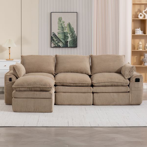 3-Sitzer Sofa mit Hocker, Cord mit Seitentaschen, 263 x 167 x 85 cm, Khaki