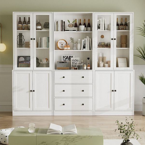 VOWNER Bücherregal 5-stöckiges Bücherregal mit Glastüren, 180 cm Vitrinenschrank, 3-tlg, multifunktionaler Küchenschrank Hochschrank & Buffetschrank