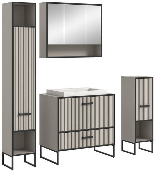 welltime Badmöbel-Set Locri, Breite 170 cm, Rillenoptik, Metallkufen, (4-St), best. aus: Hochschrank, Spiegelschrank, Standschrank, Waschtisch