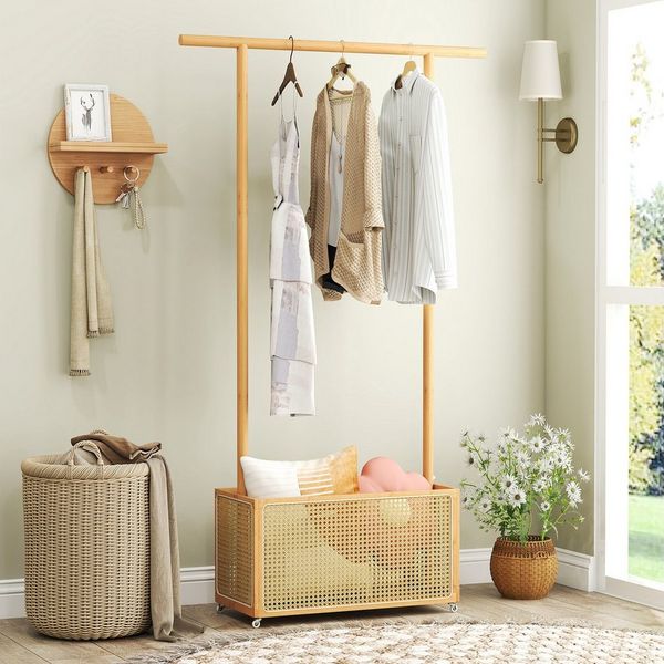 COSTWAY Kleiderständer, 2-in-1 Garderobenständer mit Rollen & Korb