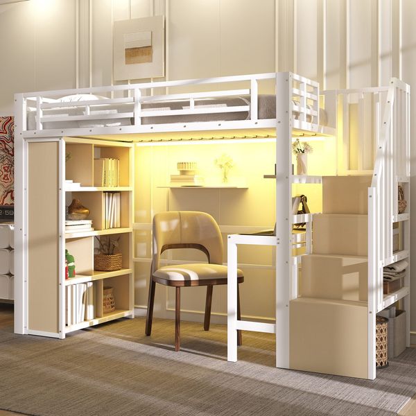 Hochbett mit RGB LED-Streifen, Schreibtisch, Bücherregal, Lattenrost, Treppe, Rausfallschutz, 90x200cm, Metallbett, Kinderbett