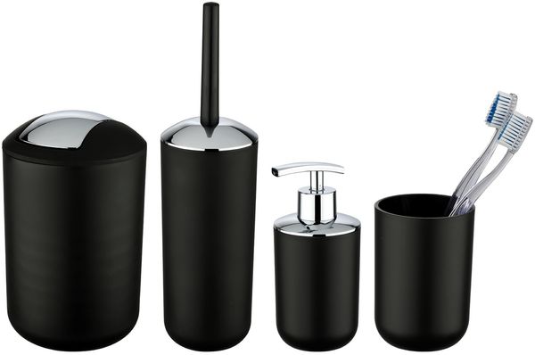 WENKO BRASIL Accessoire Set, Schwarz, Zahnputzbecher, Seifenspender, WC-Garnitur, Kosmetikeimer