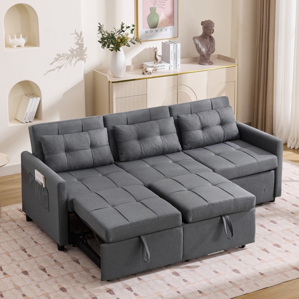 Merax 3-Sitzer-Schlafsofa mit Schlaffunktion, Rückenlehne bis 180° verstellbar, Ecksofa Sofa und L-förmiges Sofa, Klappbares Stauraumsofa mit Seitentaschen, grau