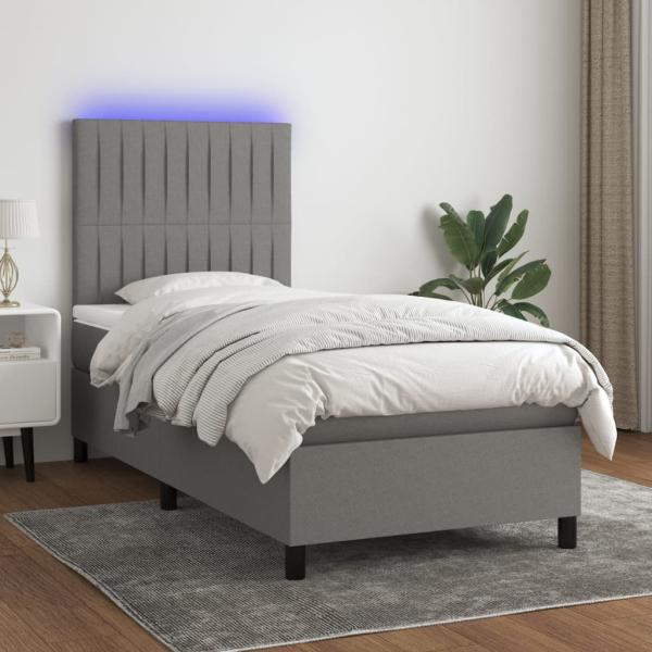 vidaXL Boxspringbett mit Matratze & LED Dunkelgrau 90x190 cm Stoff 3134998